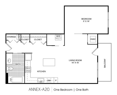 Floor plan for 1 bed, 1 bath, 622 sqft